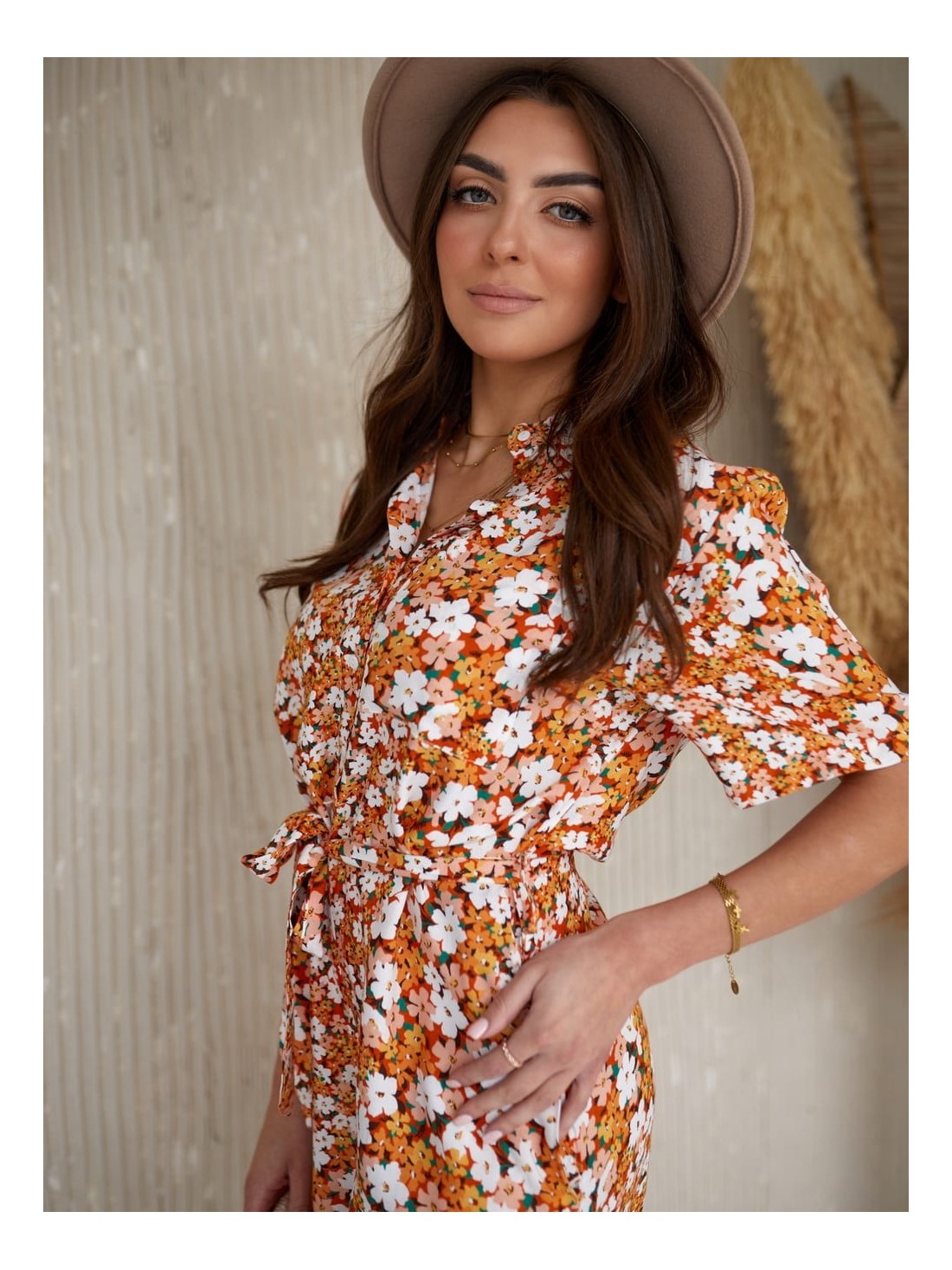 Summer floral jumpsuit with a collar, orange and cream 03510 - Online store - Boutique